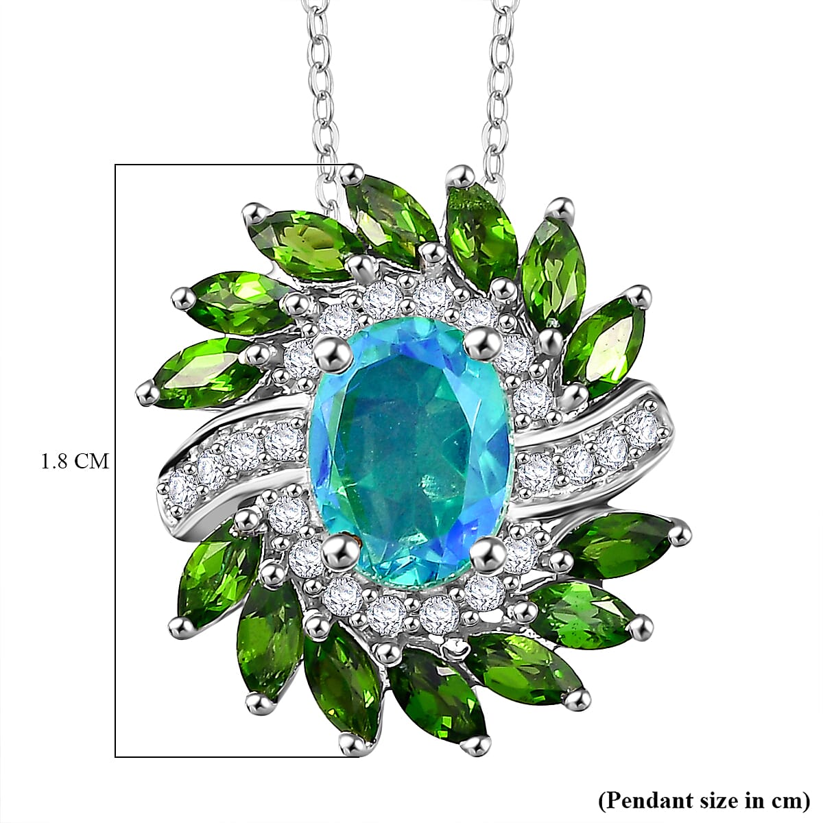 Peacock Triplet Quartz,  Natural Chrome Diopside,  White Zircon Pendant with Chain (Size 20) in rhodium Sterling Silver Silver 2.740  Ct.
