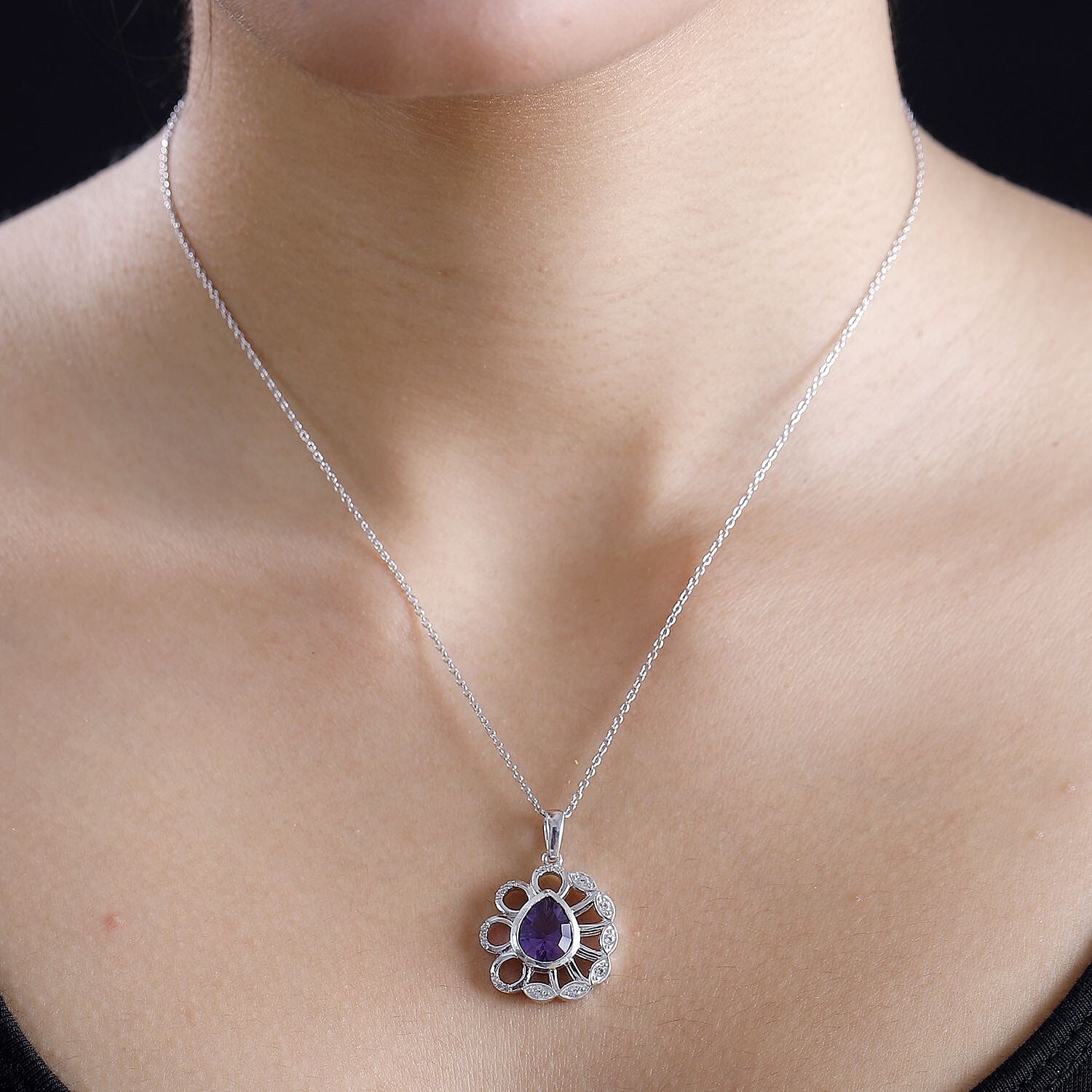 Concave Cut Zambian Amethyst & White Zircon Floral Pendant with Chain (Size 20) in Rhodium Overlay Sterling Silver 2.74 Ct, Silver Wt. 6.20 Gms.