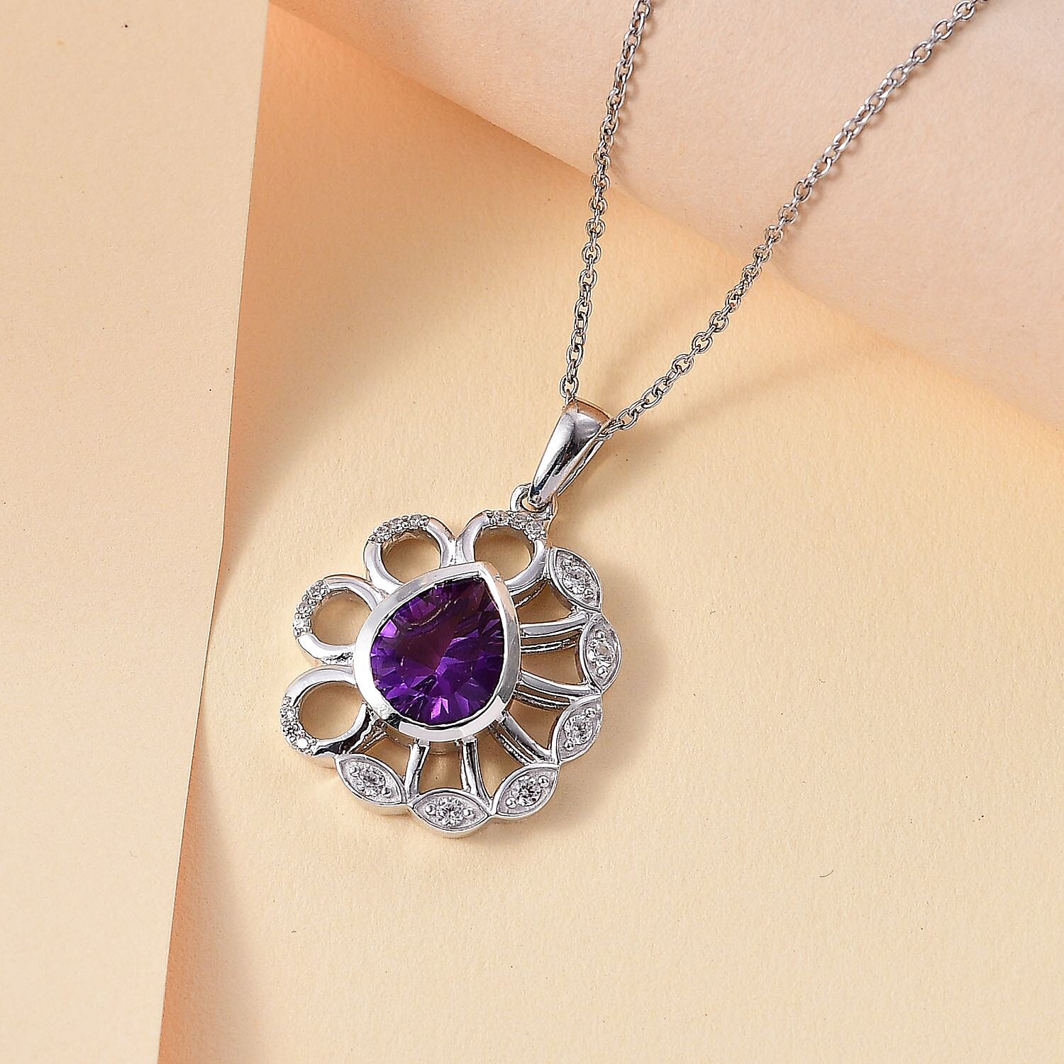 Concave Cut Zambian Amethyst & White Zircon Floral Pendant with Chain (Size 20) in Rhodium Overlay Sterling Silver 2.74 Ct, Silver Wt. 6.20 Gms.