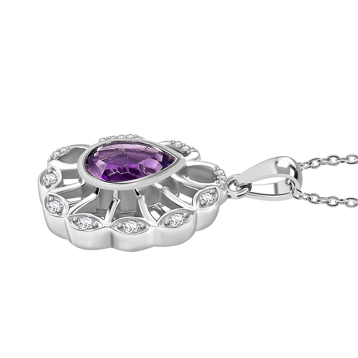 Concave Cut Zambian Amethyst & White Zircon Floral Pendant with Chain (Size 20) in Rhodium Overlay Sterling Silver 2.74 Ct, Silver Wt. 6.20 Gms.