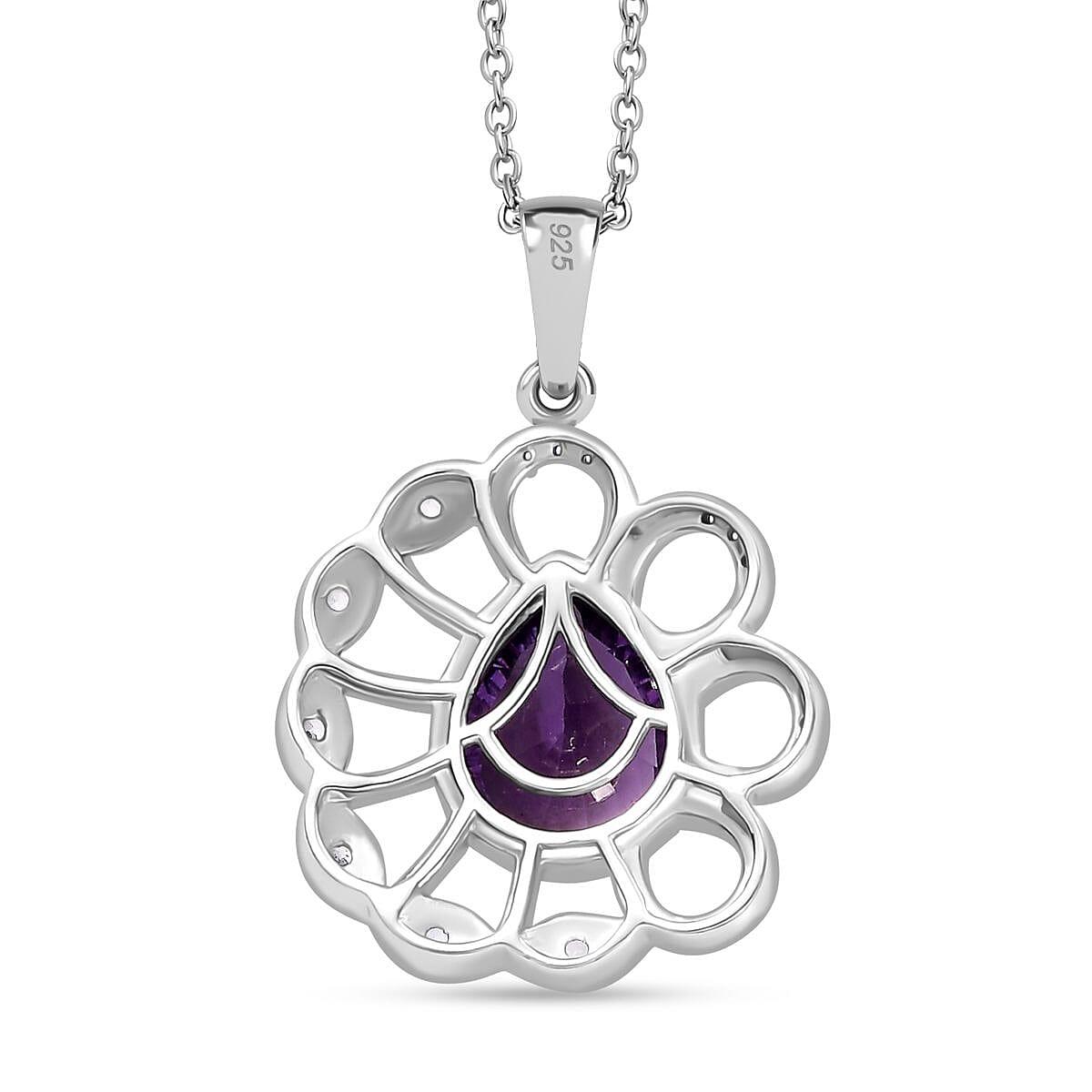 Concave Cut Zambian Amethyst & White Zircon Floral Pendant with Chain (Size 20) in Rhodium Overlay Sterling Silver 2.74 Ct, Silver Wt. 6.20 Gms.