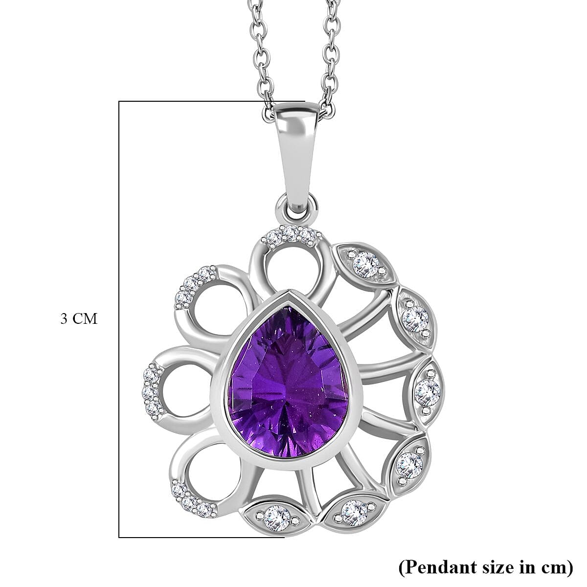 Concave Cut Zambian Amethyst & White Zircon Floral Pendant with Chain (Size 20) in Rhodium Overlay Sterling Silver 2.74 Ct, Silver Wt. 6.20 Gms.