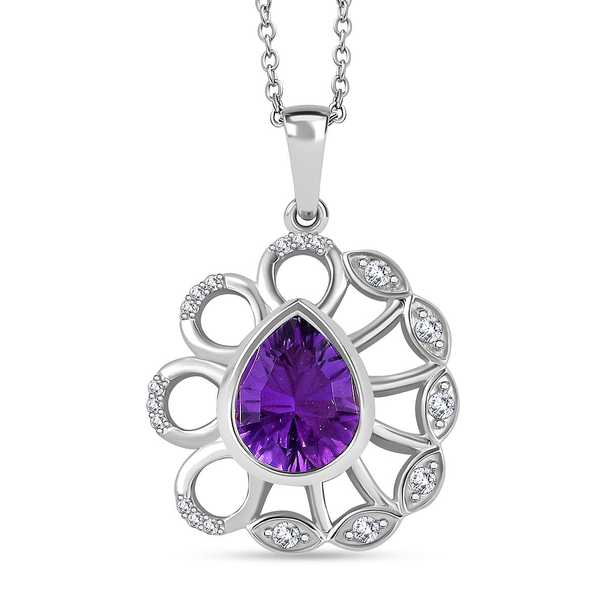 Concave Cut Zambian Amethyst & White Zircon Floral Pendant with Chain (Size 20) in Rhodium Overlay Sterling Silver 2.74 Ct, Silver Wt. 6.20 Gms.