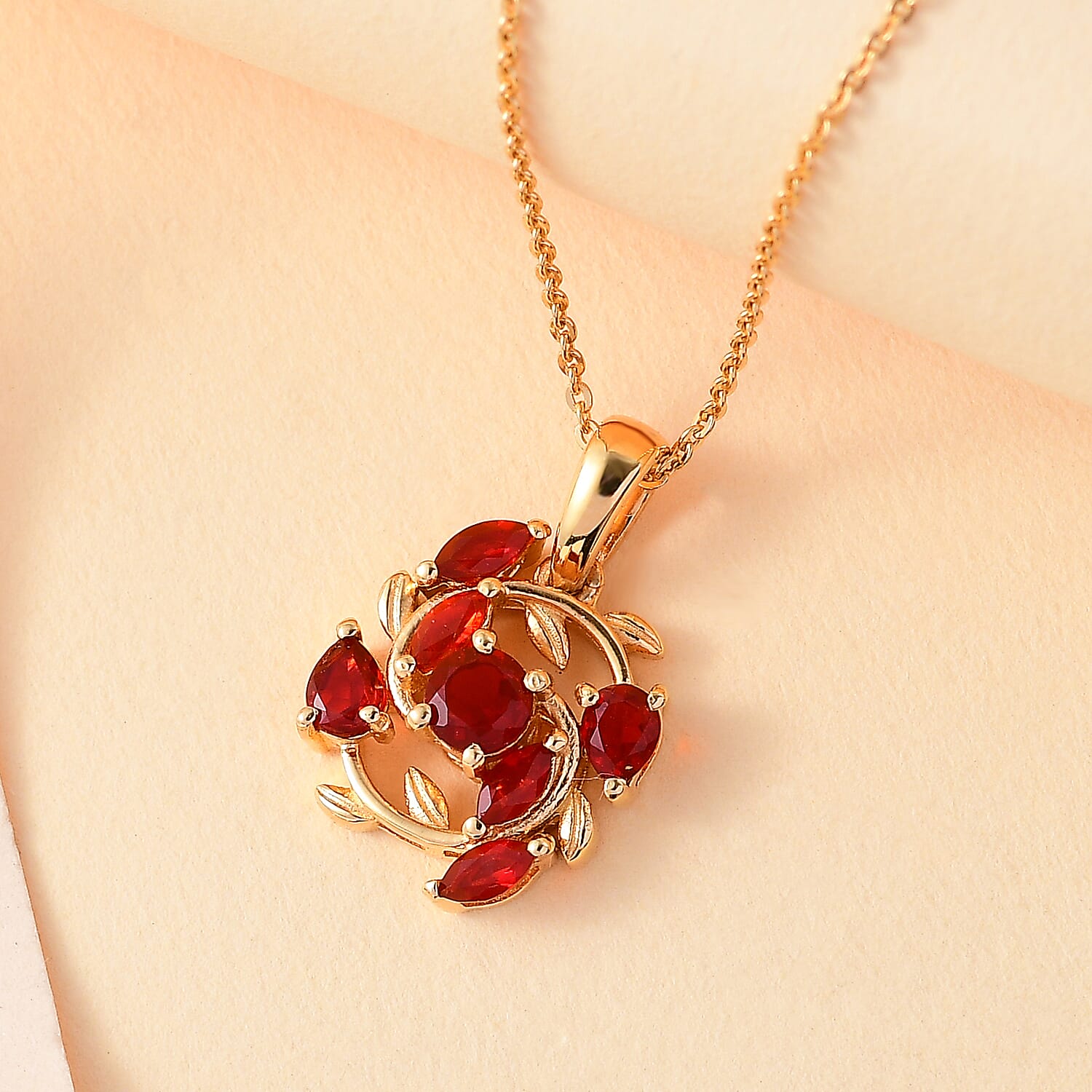 Cherry Fire Opal Pendant with Chain (Size 20) in 18K YG Vermeil Sterling Silver Silver Wt. 5.87 Gms