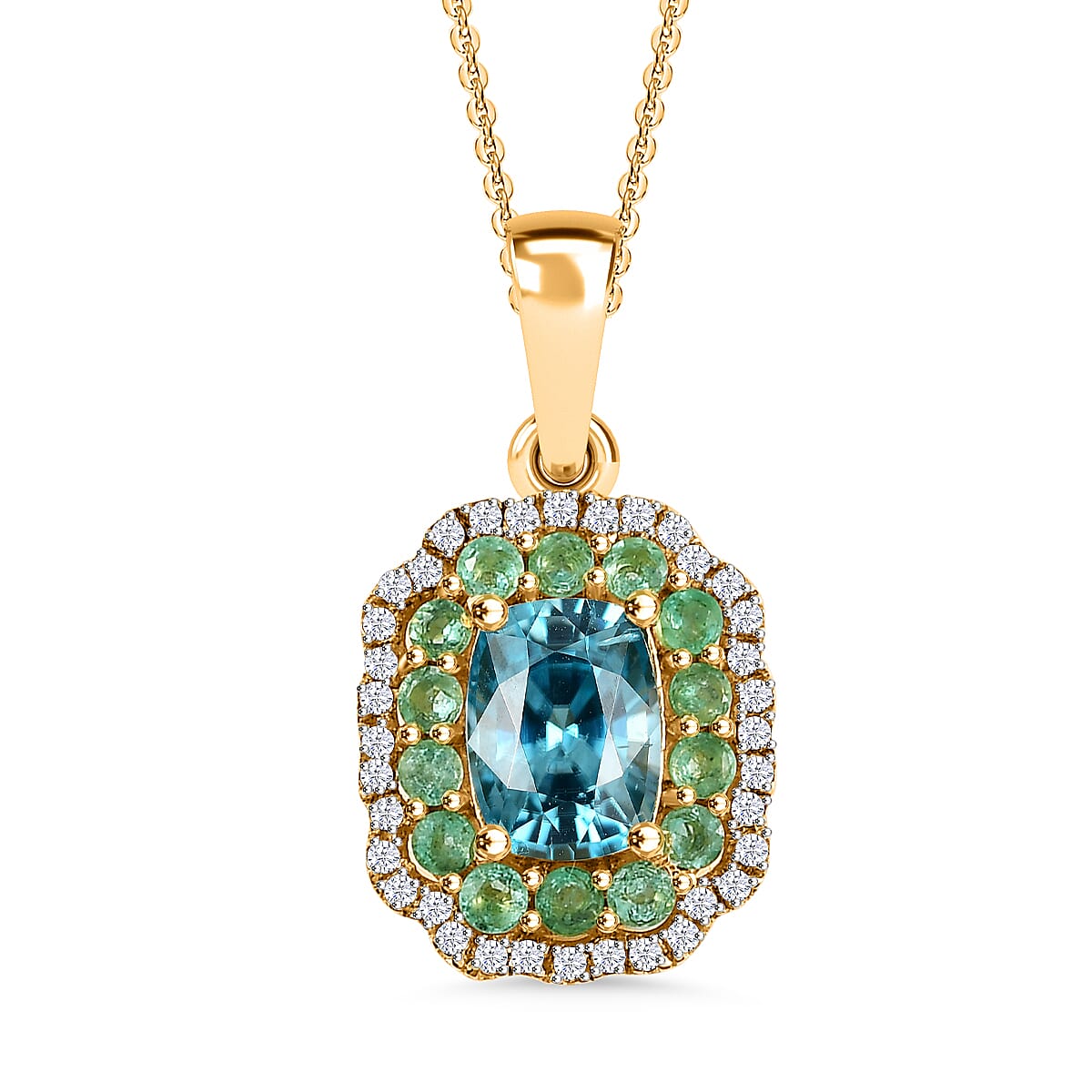 Glenstones Collection - Blue Zircon, Emerald, White Zircon Pendant with Chain (Size 20) in 18K Yellow Gold Vermeil Sterling Silver 3.11 Ct