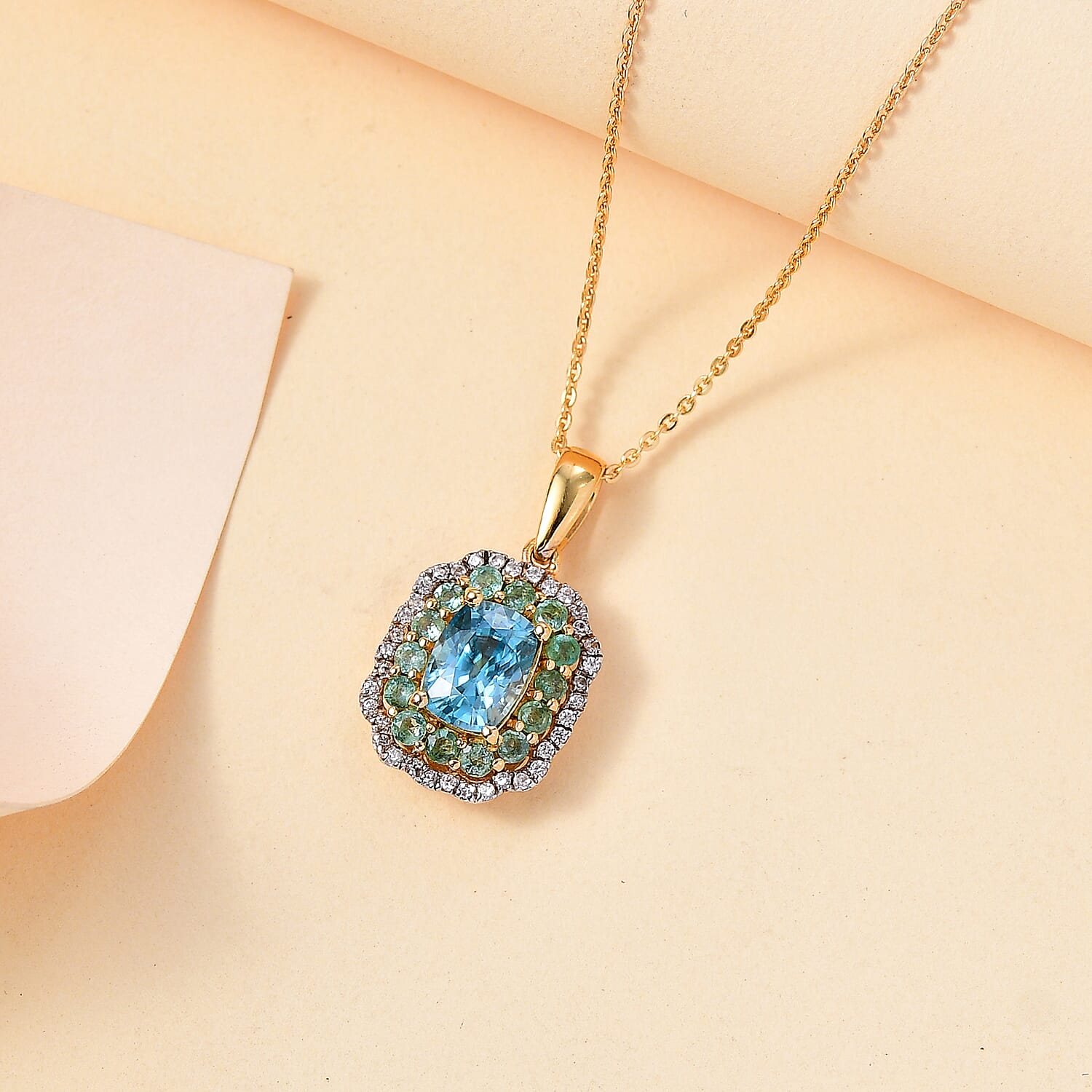 Glenstones Collection - Blue Zircon, Emerald, White Zircon Pendant with Chain (Size 20) in 18K Yellow Gold Vermeil Sterling Silver 3.11 Ct