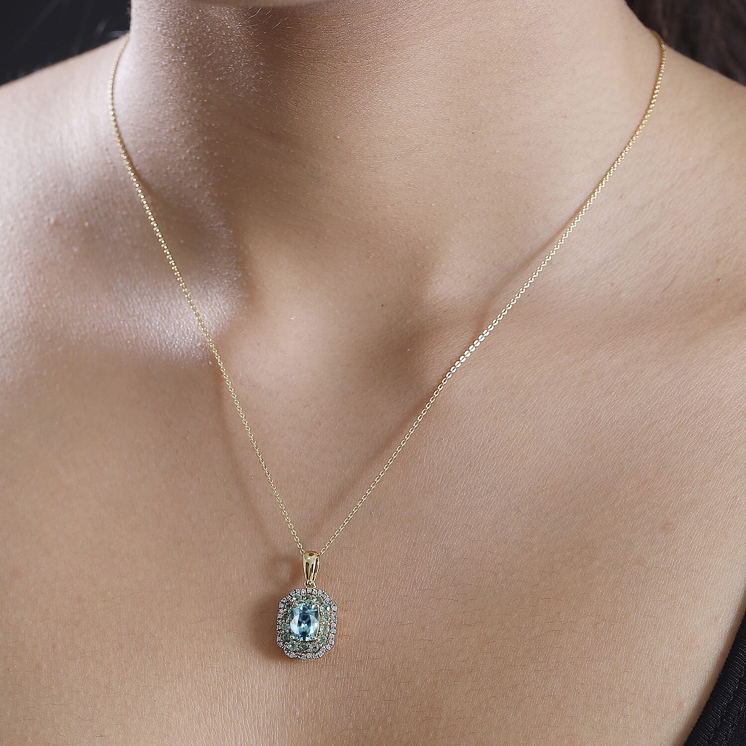 Glenstones Collection - Blue Zircon, Emerald, White Zircon Pendant with Chain (Size 20) in 18K Yellow Gold Vermeil Sterling Silver 3.11 Ct