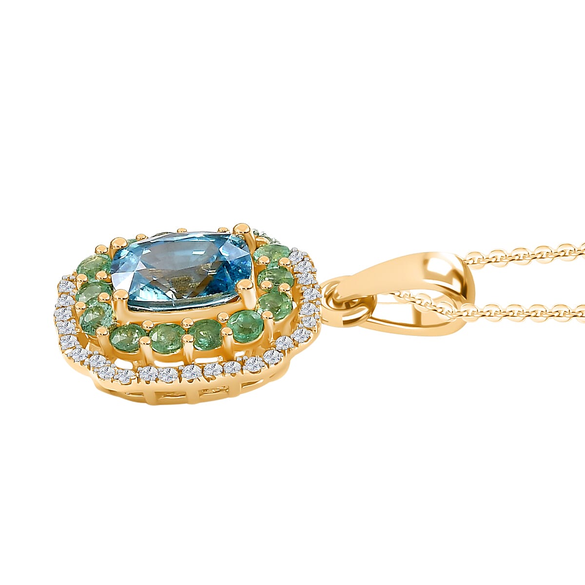 Glenstones Collection - Blue Zircon, Emerald, White Zircon Pendant with Chain (Size 20) in 18K Yellow Gold Vermeil Sterling Silver 3.11 Ct