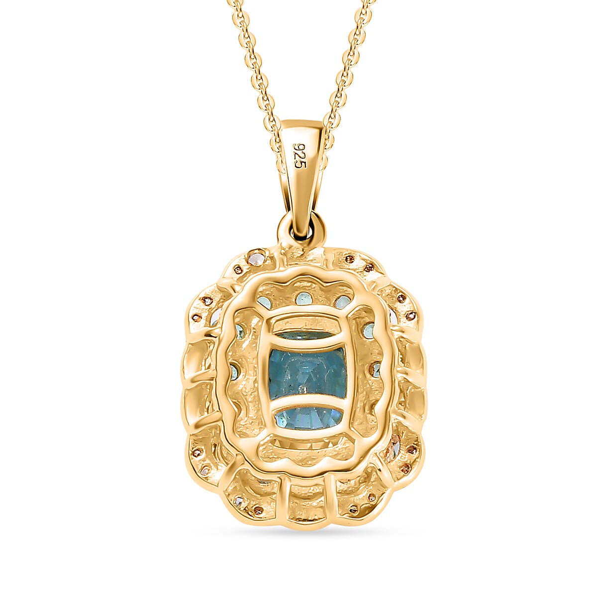 Glenstones Collection - Blue Zircon, Emerald, White Zircon Pendant with Chain (Size 20) in 18K Yellow Gold Vermeil Sterling Silver 3.11 Ct