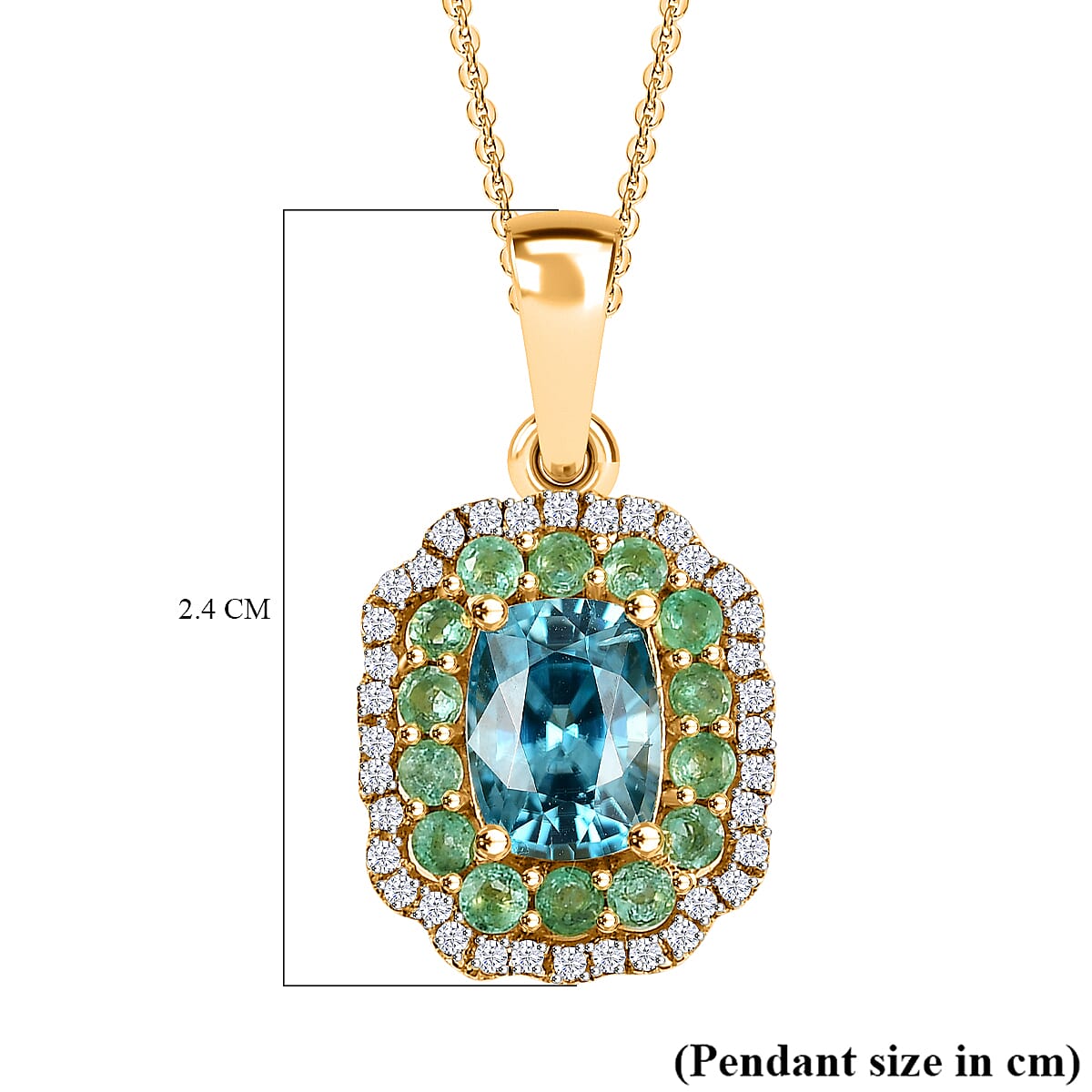 Glenstones Collection - Blue Zircon, Emerald, White Zircon Pendant with Chain (Size 20) in 18K Yellow Gold Vermeil Sterling Silver 3.11 Ct