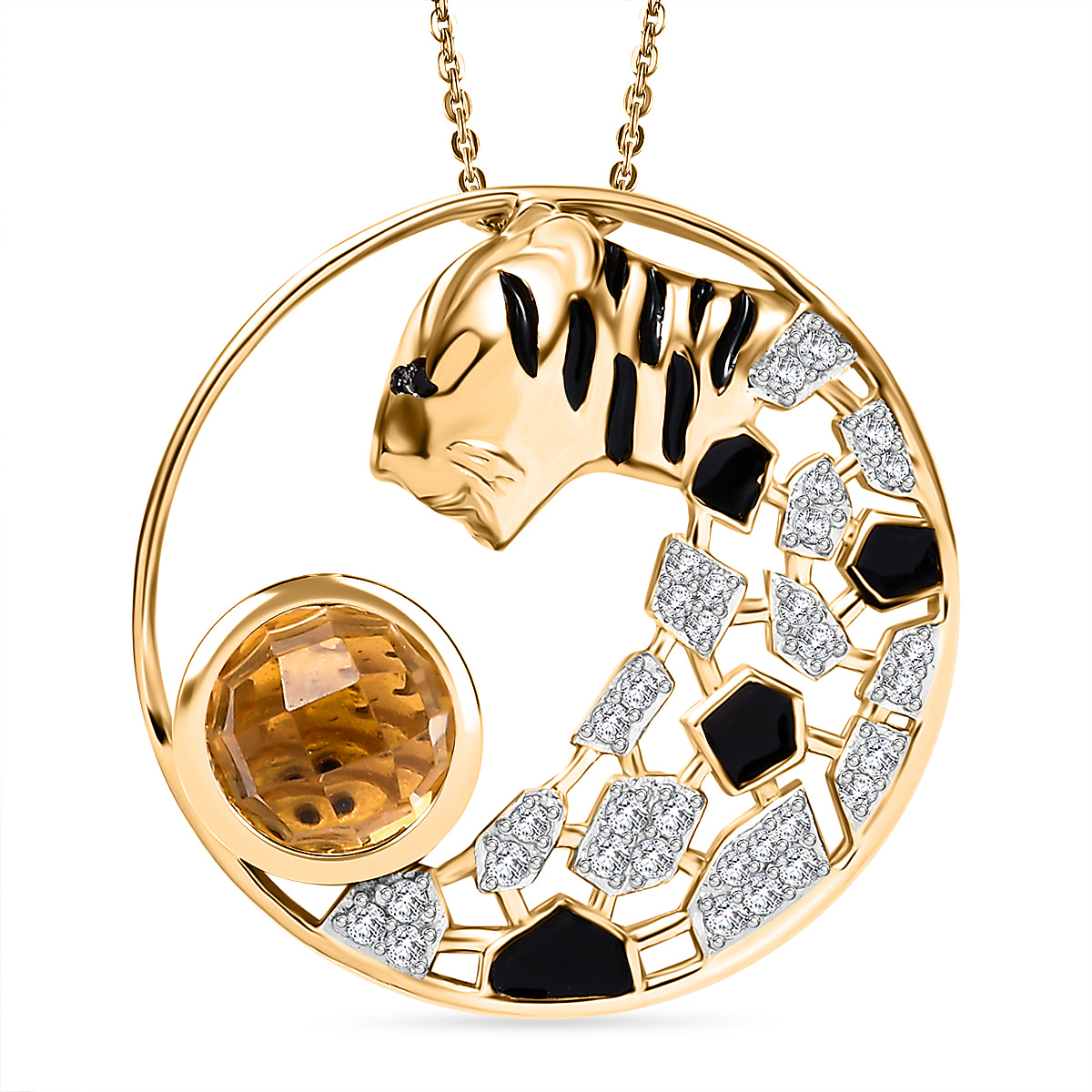 GP Tiger Totem Collection - Citrine & Black Spinel Tiger Pendant with Chain (Size 20) in 18K YG Vermeil Sterlng Silver