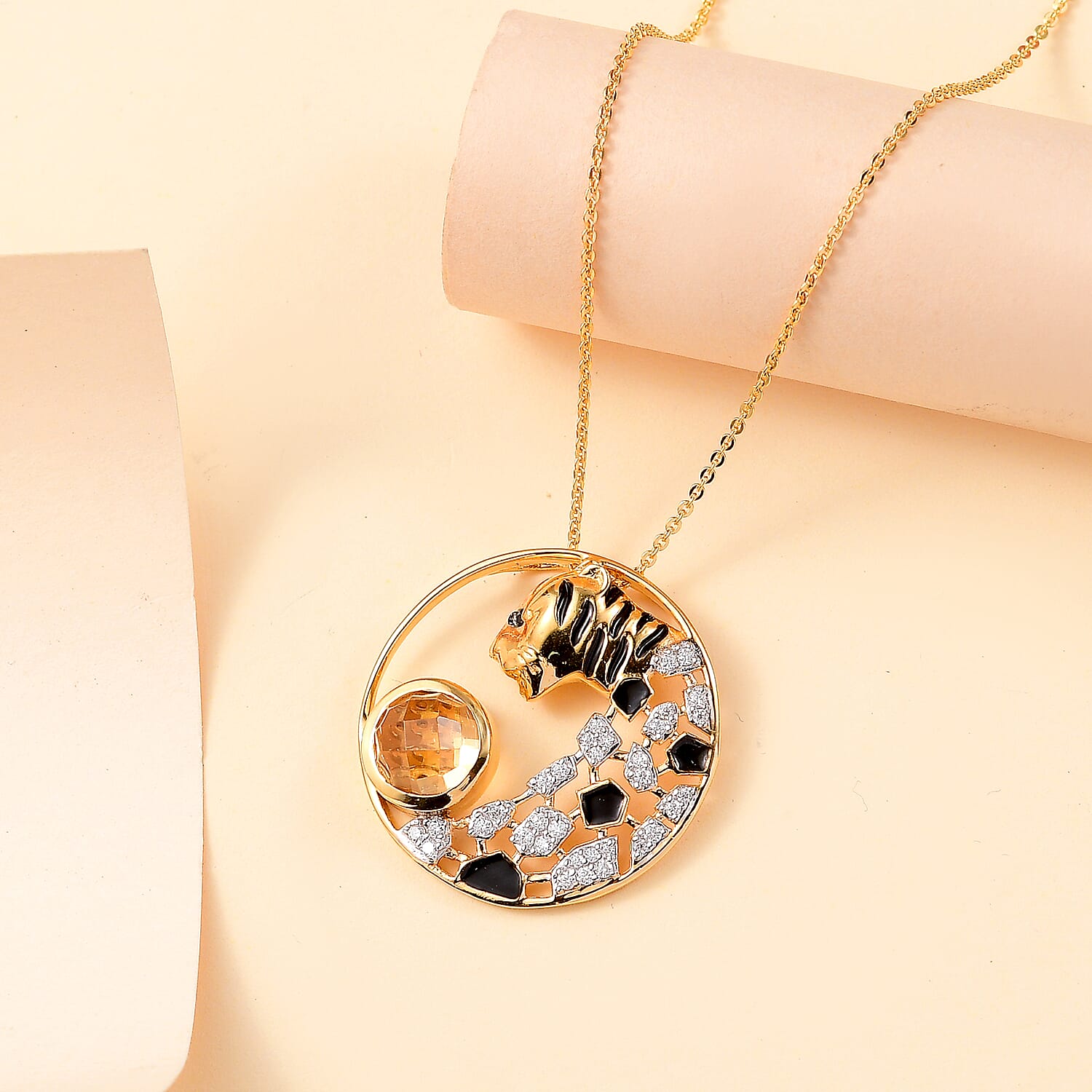 GP Tiger Totem Collection - Citrine & Black Spinel Tiger Pendant with Silver Chain (Size 20) in 18K Vermeil Yellow Gold Plated Sterlng Silver 2.30 Ct