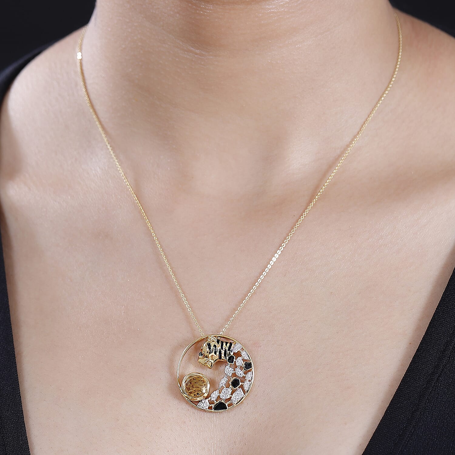 GP Tiger Totem Collection - Citrine & Black Spinel Tiger Pendant with Silver Chain (Size 20) in 18K Vermeil Yellow Gold Plated Sterlng Silver 2.30 Ct
