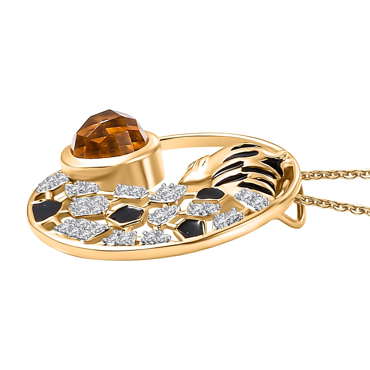GP Tiger Totem Collection - Citrine & Black Spinel Tiger Pendant with Silver Chain (Size 20) in 18K Vermeil Yellow Gold Plated Sterlng Silver 2.30 Ct