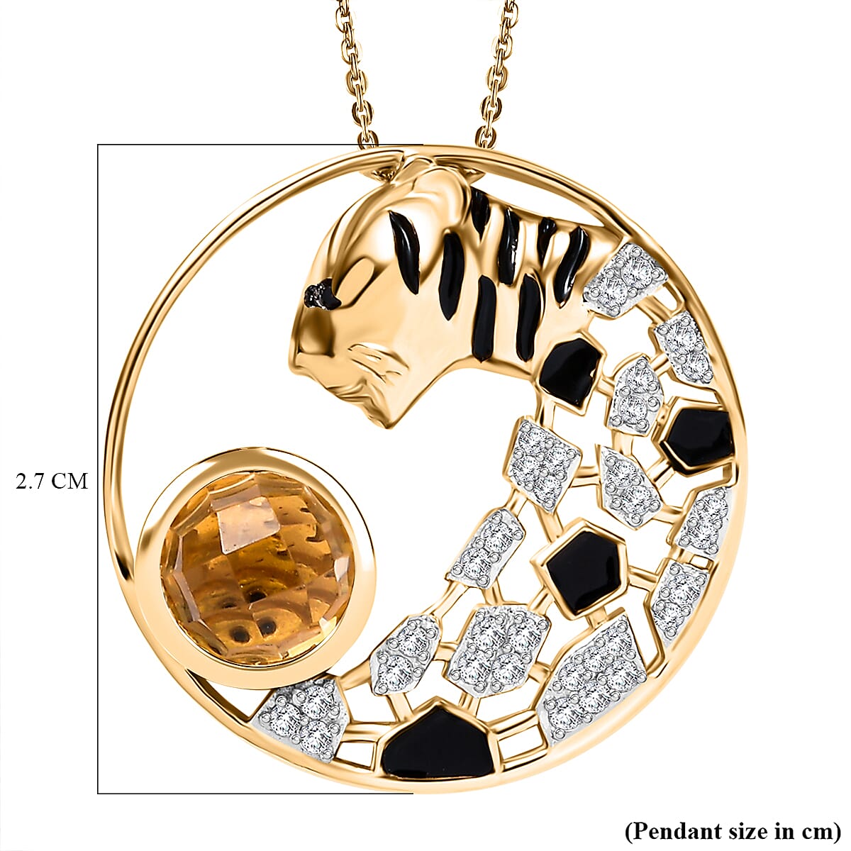 GP Tiger Totem Collection - Citrine & Black Spinel Tiger Pendant with Silver Chain (Size 20) in 18K Vermeil Yellow Gold Plated Sterlng Silver 2.30 Ct