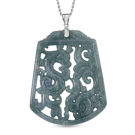 Limited Edition Natural Type A Olmec Jadeite Carved Dragon & Pheonix Pendant with Chain (Size 20) in Rhodium Overlay Sterling Silver 175.000  Ct.