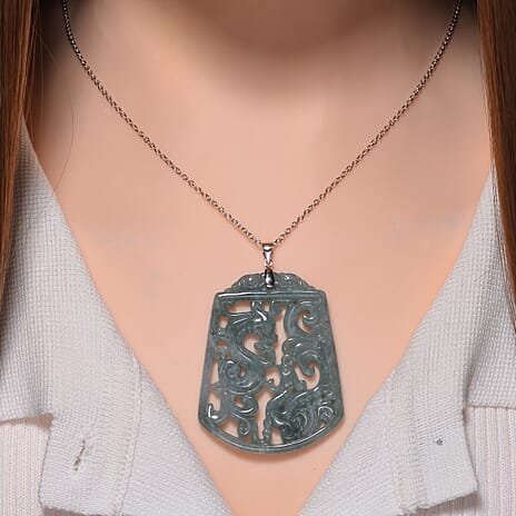 Limited Edition Natural Type A Olmec Jadeite Carved Dragon & Pheonix Pendant with Chain (Size 20) in Rhodium Overlay Sterling Silver 175.000  Ct.