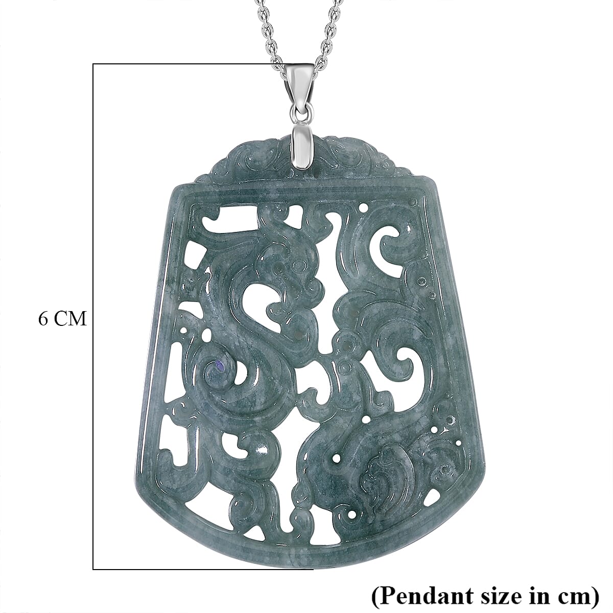 Limited Edition Natural Type A Olmec Jadeite Carved Dragon & Pheonix Pendant with Chain (Size 20) in Rhodium Overlay Sterling Silver 175.000 Ct. Limited Edition Natural Type A Olmec Jadeite Carved Dragon & Pheonix Pendant with Chain (Size 20) in Rhodium Overlay Sterling Silver 175.000 Ct.