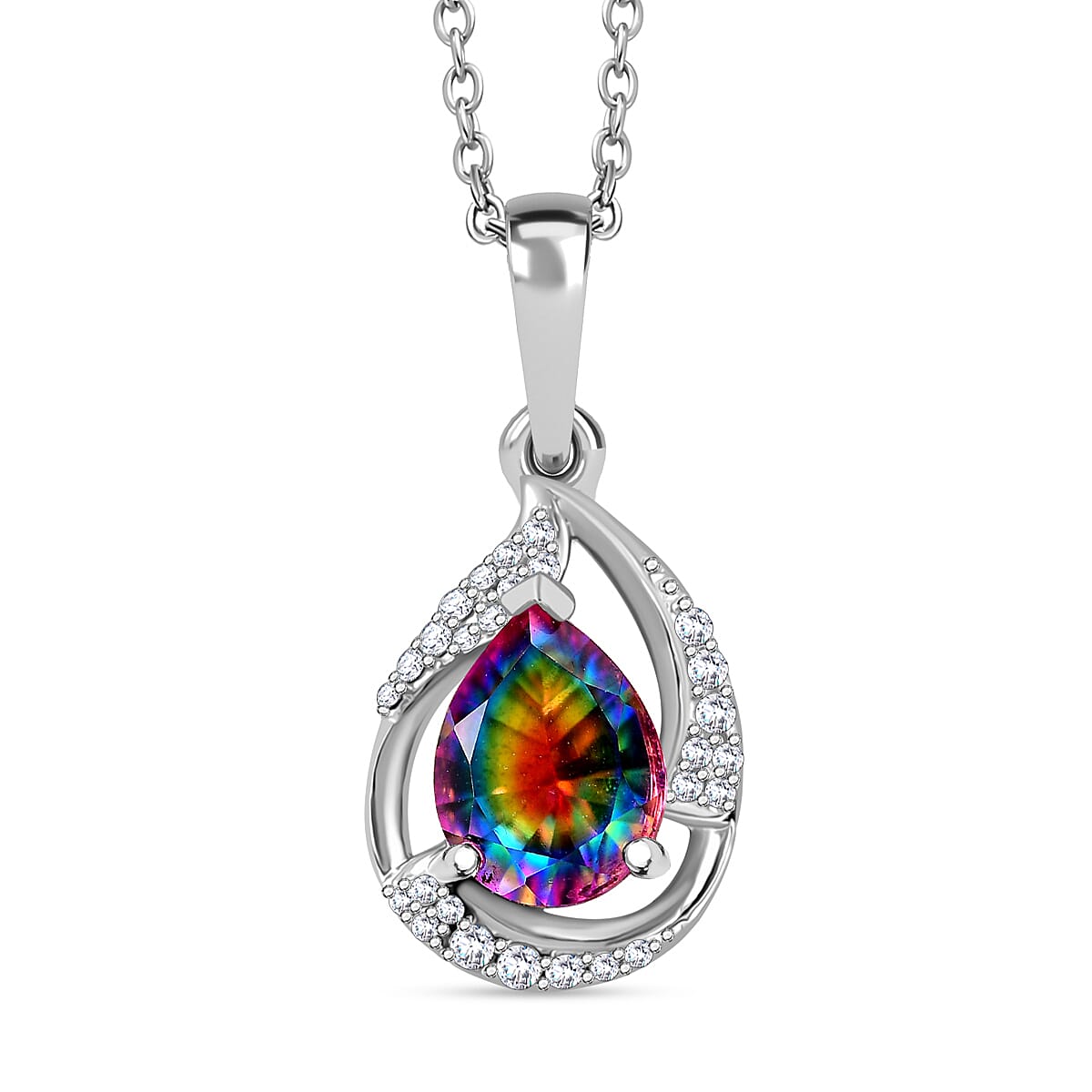 TJC Launch Nebula Quartz Doublet & White Zircon Pendant with Chain (Size 20) in Rhodium Overlay Sterling Silver 1.920 Ct.