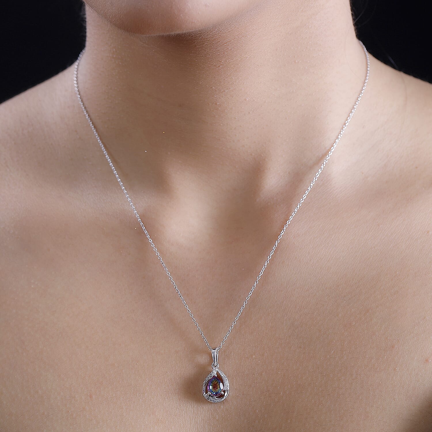 TJC Launch Nebula Quartz Doublet & White Zircon Pendant with Chain (Size 20) in Rhodium Overlay Sterling Silver 1.920 Ct.