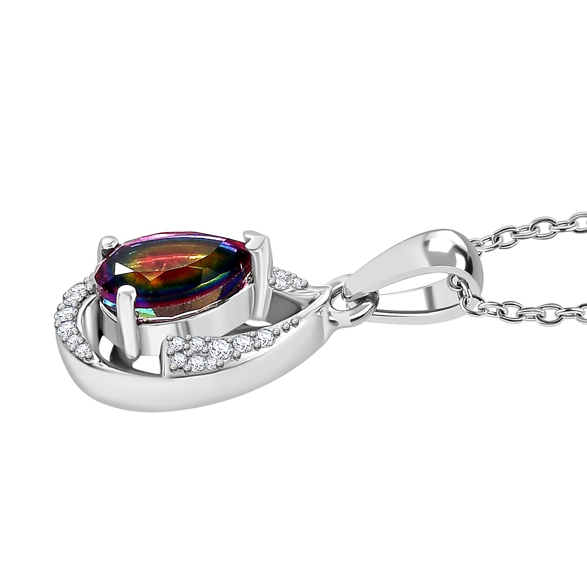 TJC Launch Nebula Quartz Doublet & White Zircon Pendant with Chain (Size 20) in Rhodium Overlay Sterling Silver 1.920 Ct.