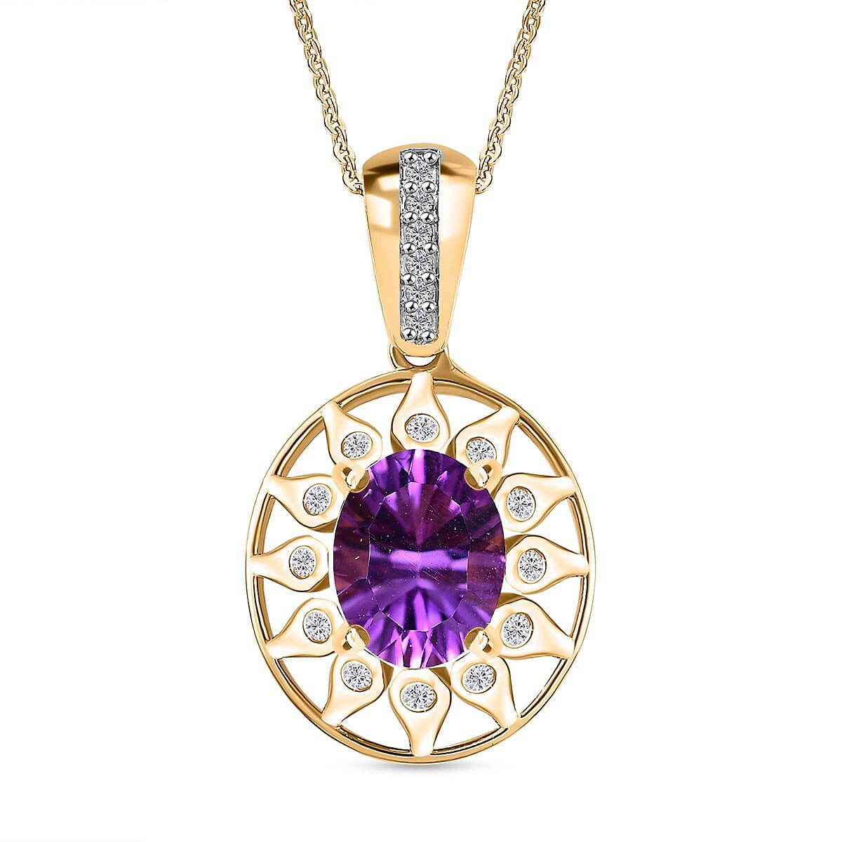 Concave Cut African Amethyst & White Zircon Pendant with Chain (Size - 20) in 18K Vermeil Yellow Gold Plated Sterling Silver 2.76 Ct