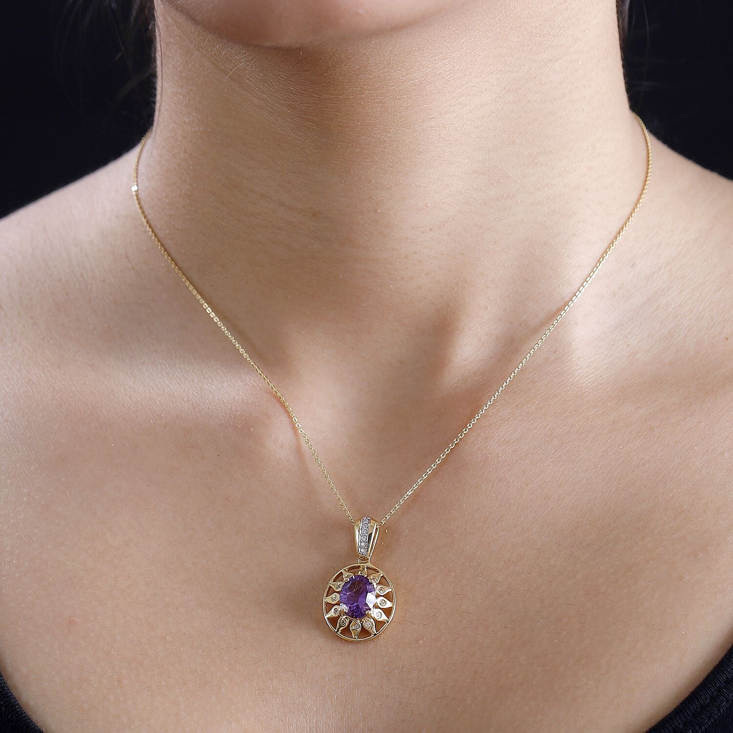 Concave Cut African Amethyst & White Zircon Pendant with Chain (Size - 20) in 18K Vermeil Yellow Gold Plated Sterling Silver 2.76 Ct