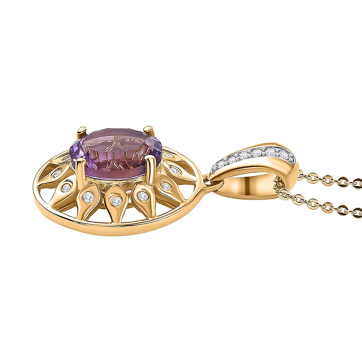 Concave Cut African Amethyst & White Zircon Pendant with Chain (Size - 20) in 18K Vermeil Yellow Gold Plated Sterling Silver 2.76 Ct