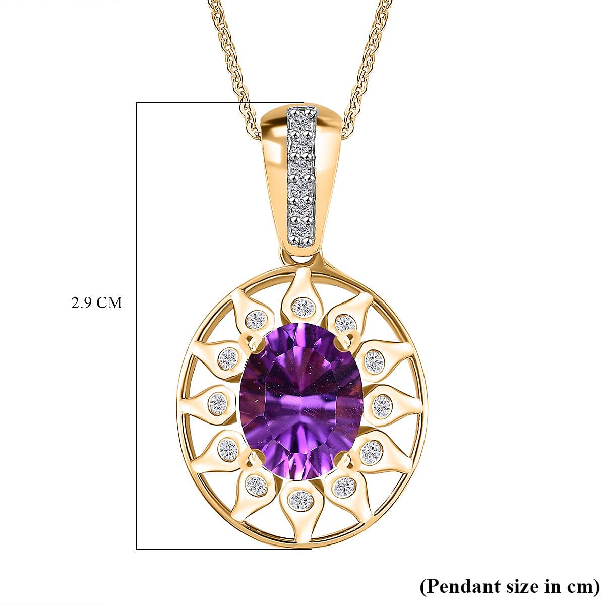 Concave Cut African Amethyst & White Zircon Pendant with Chain (Size - 20) in 18K Vermeil Yellow Gold Plated Sterling Silver 2.76 Ct