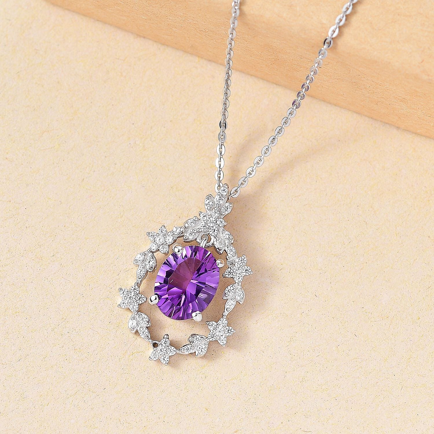 Concave Cut Zambian Amethyst & White Zircon Pendant with Chain (Size 20) in Rhodium Overlay Sterling Silver. Silver Wt. 6.23 Gms  3.440  Ct.
