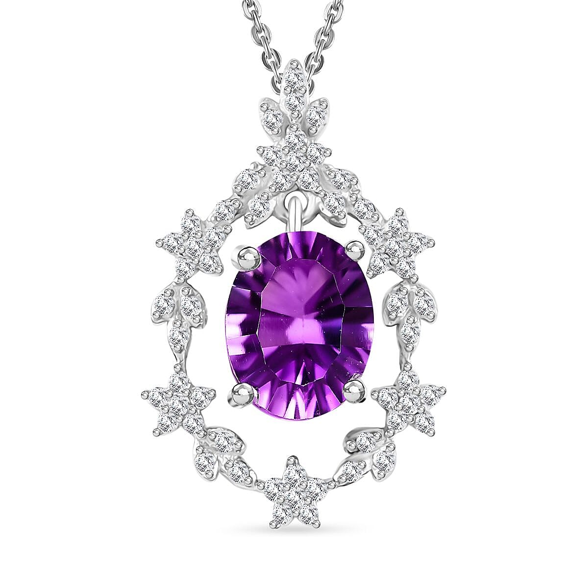 Concave Cut Zambian Amethyst & White Zircon Pendant with Chain (Size 20) in Rhodium Overlay Sterling Silver. Silver Wt. 6.23 Gms  3.440  Ct.