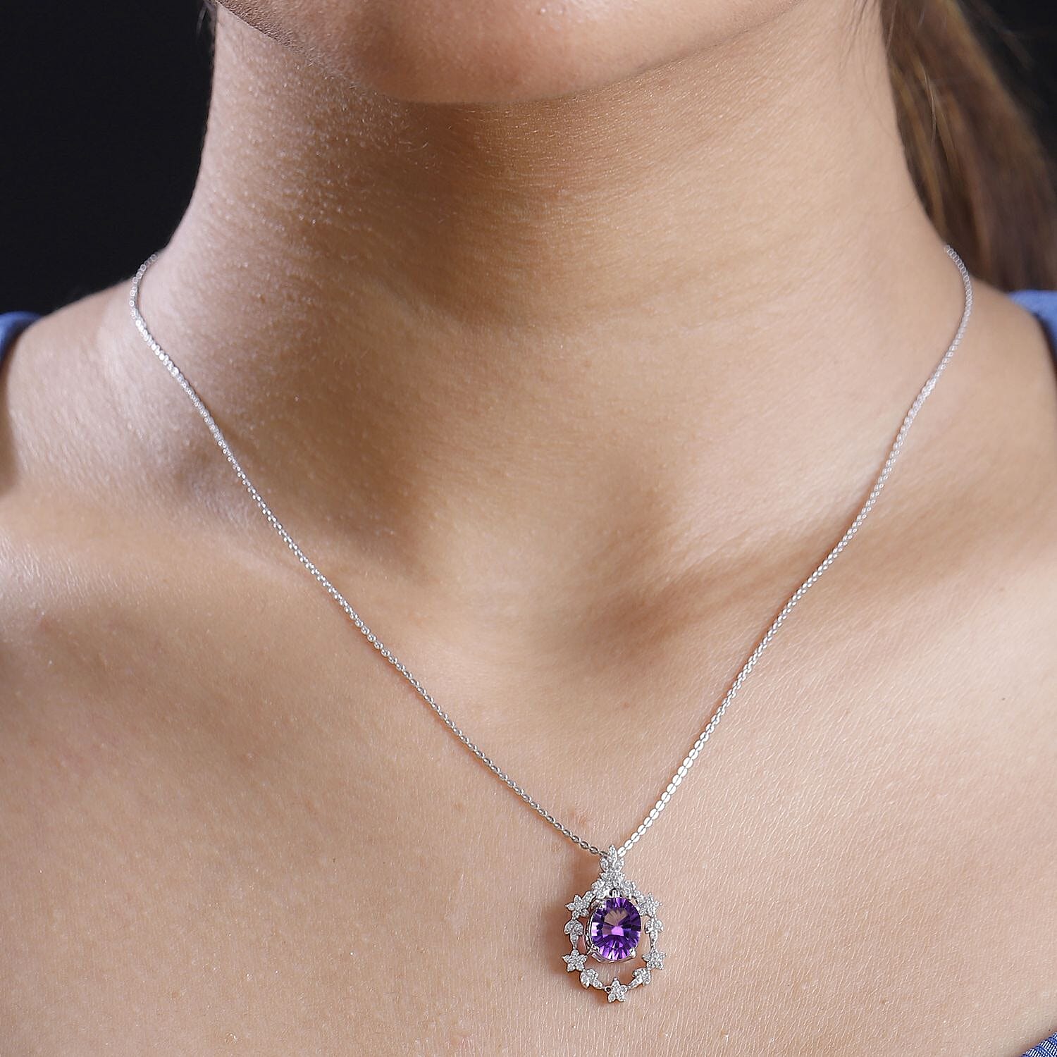 Concave Cut Zambian Amethyst & White Zircon Pendant with Chain (Size 20) in Rhodium Overlay Sterling Silver. Silver Wt. 6.23 Gms  3.440  Ct.