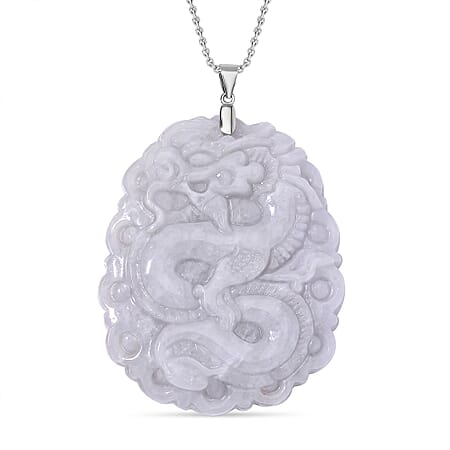 Extremely Rare Find - Dragon Carved Natural Jadeite Jade Pendant with Chain (Size 20) in Rhodium Overlay Sterling Silver