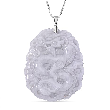 Extremely Rare Find - Dragon Carved Natural Jadeite Jade Pendant with Chain (Size 20) in Rhodium Sterling Silver