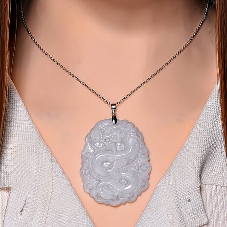 Extremely Rare Find - Dragon Carved Natural Jadeite Jade Pendant with Chain (Size 20) in Rhodium Sterling Silver