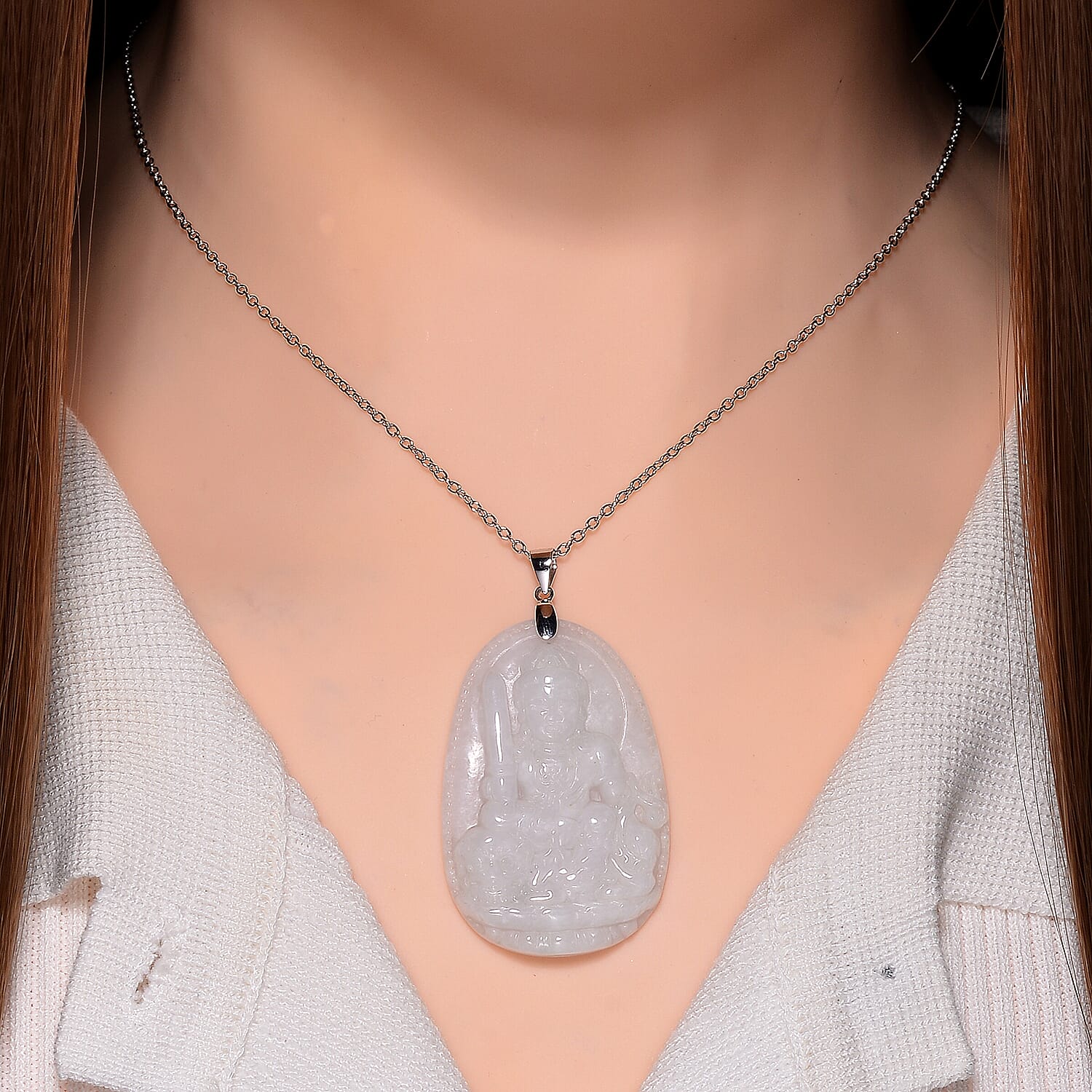 Extremely Rare Find - Buddha Carved Natural White Jadeite Jade Pendant with Chain (Size 20) in Rhodium Sterling Silver