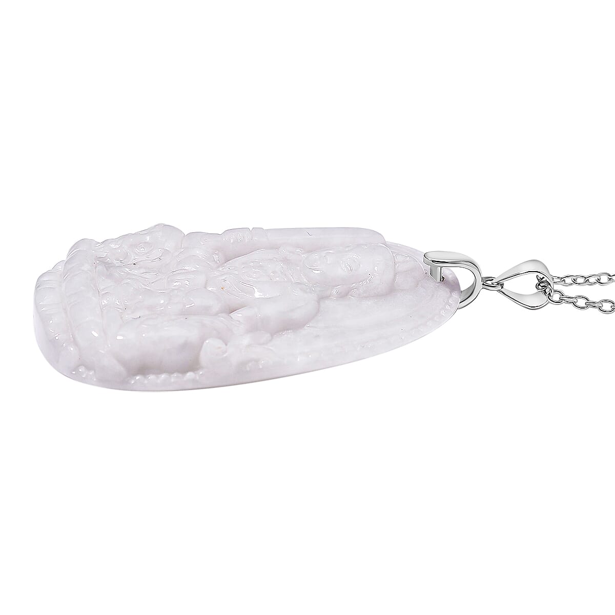 Extremely Rare Find - Buddha Carved Natural White Jadeite Jade Pendant with Chain (Size 20) in Rhodium Sterling Silver