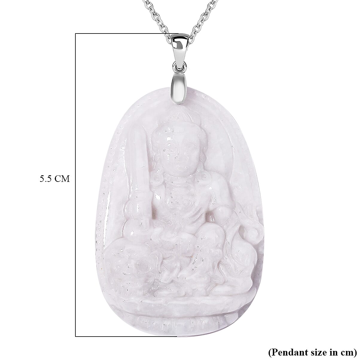 Extremely Rare Find - Buddha Carved Natural White Jadeite Jade Pendant with Chain (Size 20) in Rhodium Sterling Silver