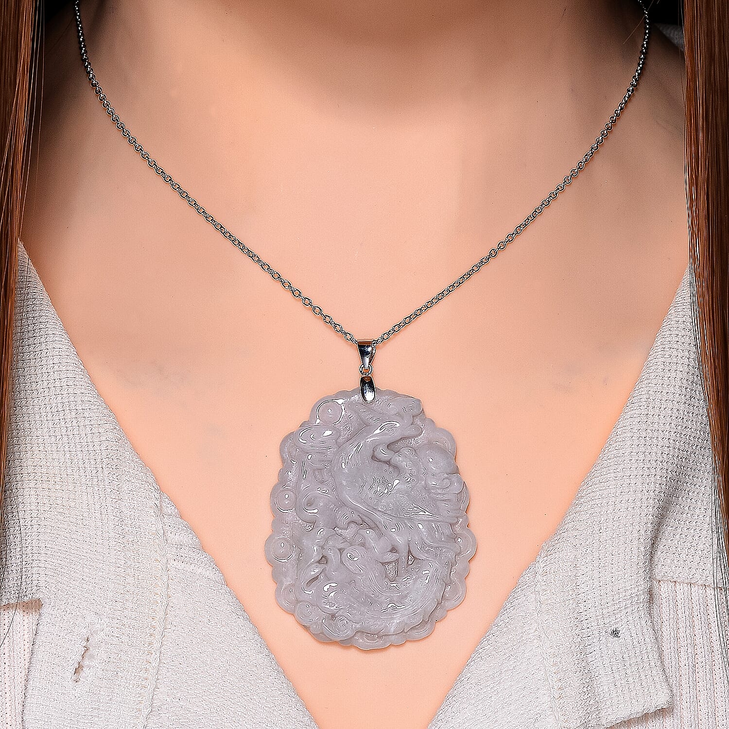 Extremely Rare Find  - Carved Jade Pendant with Chain (Size 20) in Rhodium Overlay Sterling Silver  100.000  Ct.