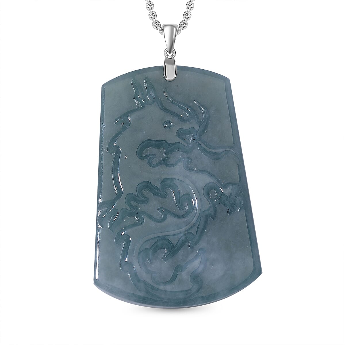 Natural Type A Jadeite Dragon Carving Pendant with Chain (Size - 20) with Lobster Clasp in Rhodium Overlay Sterling Silver 120.00 Ct.