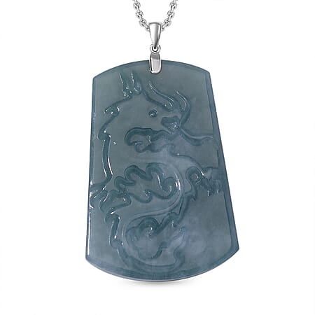 Olmec Jadeite Dragon Carved Pendant with Chain (Size 20) in Rhodium Overlay Sterling Silver 120.0  Ct.