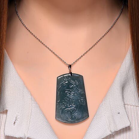 Natural Type A  Jadeite Jade Pendant with Chain (Size - 20) with Lobster Clasp in Rhodium Overlay Sterling Silver 120.00 Ct