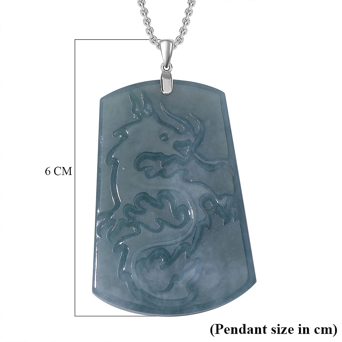 Natural Type A Jadeite Dragon Carving Pendant with Chain (Size - 20) with Lobster Clasp in Rhodium Overlay Sterling Silver 120.00 Ct.