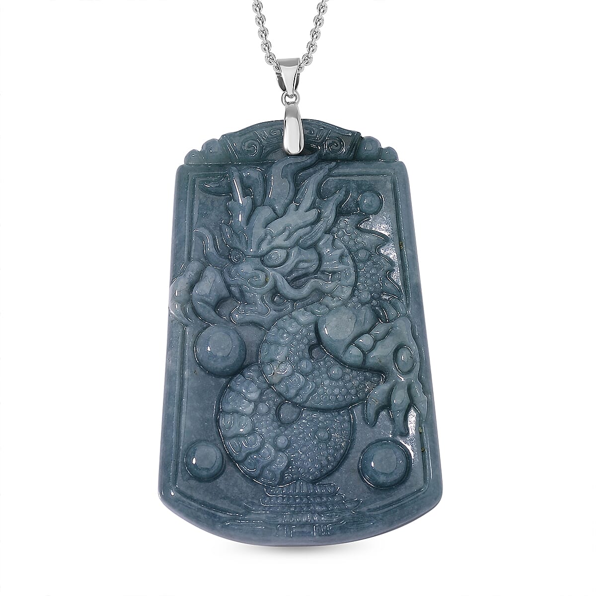 Limited Edition Natural Type A Olmec Jadeite Carved Dragon Pendant with Chain (Size 20) in Rhodium Overlay Sterling Silver 175.000  Ct.