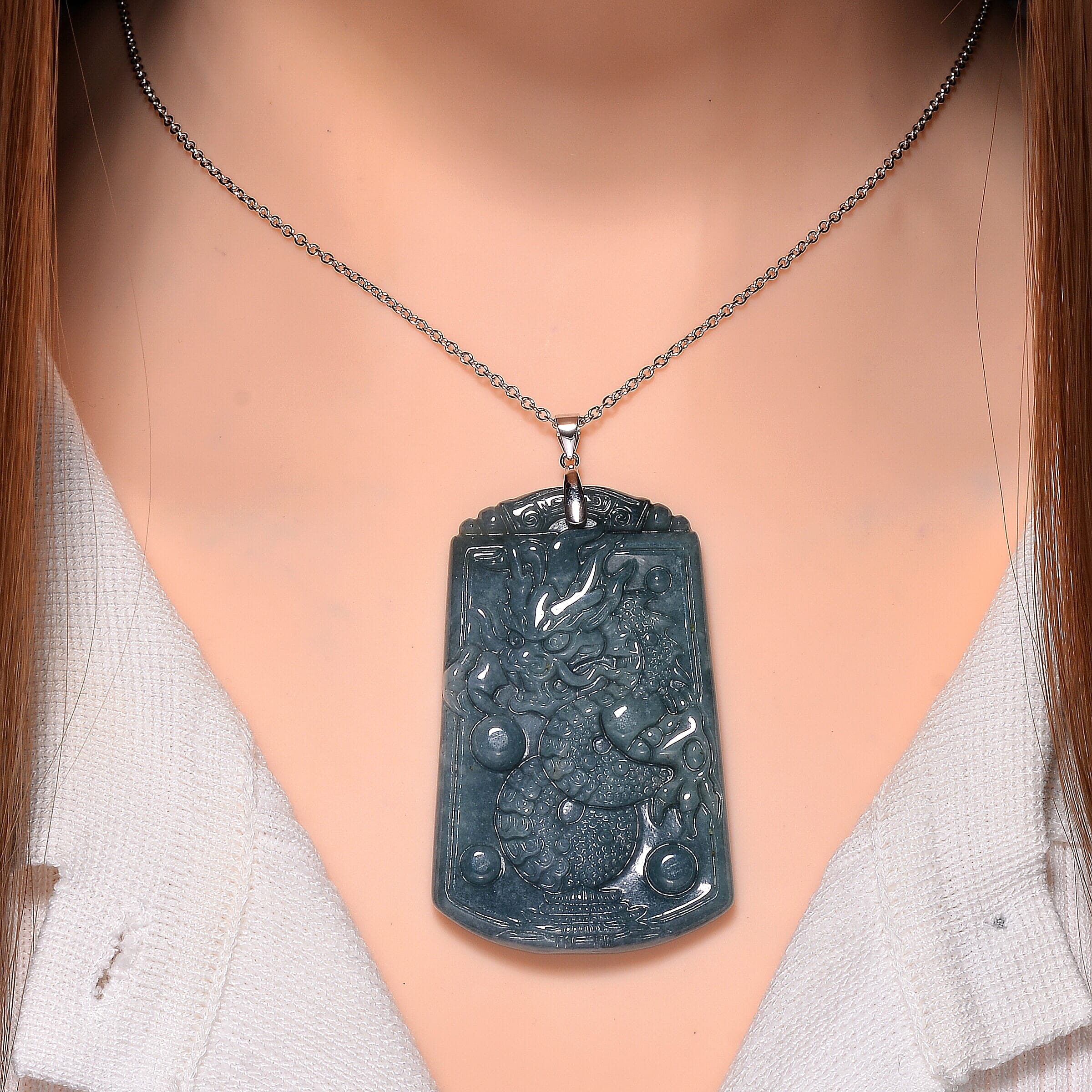 Limited Edition Natural Type A Olmec Jadeite Carved Dragon Pendant with Chain (Size 20) in Rhodium Overlay Sterling Silver 175.000  Ct.