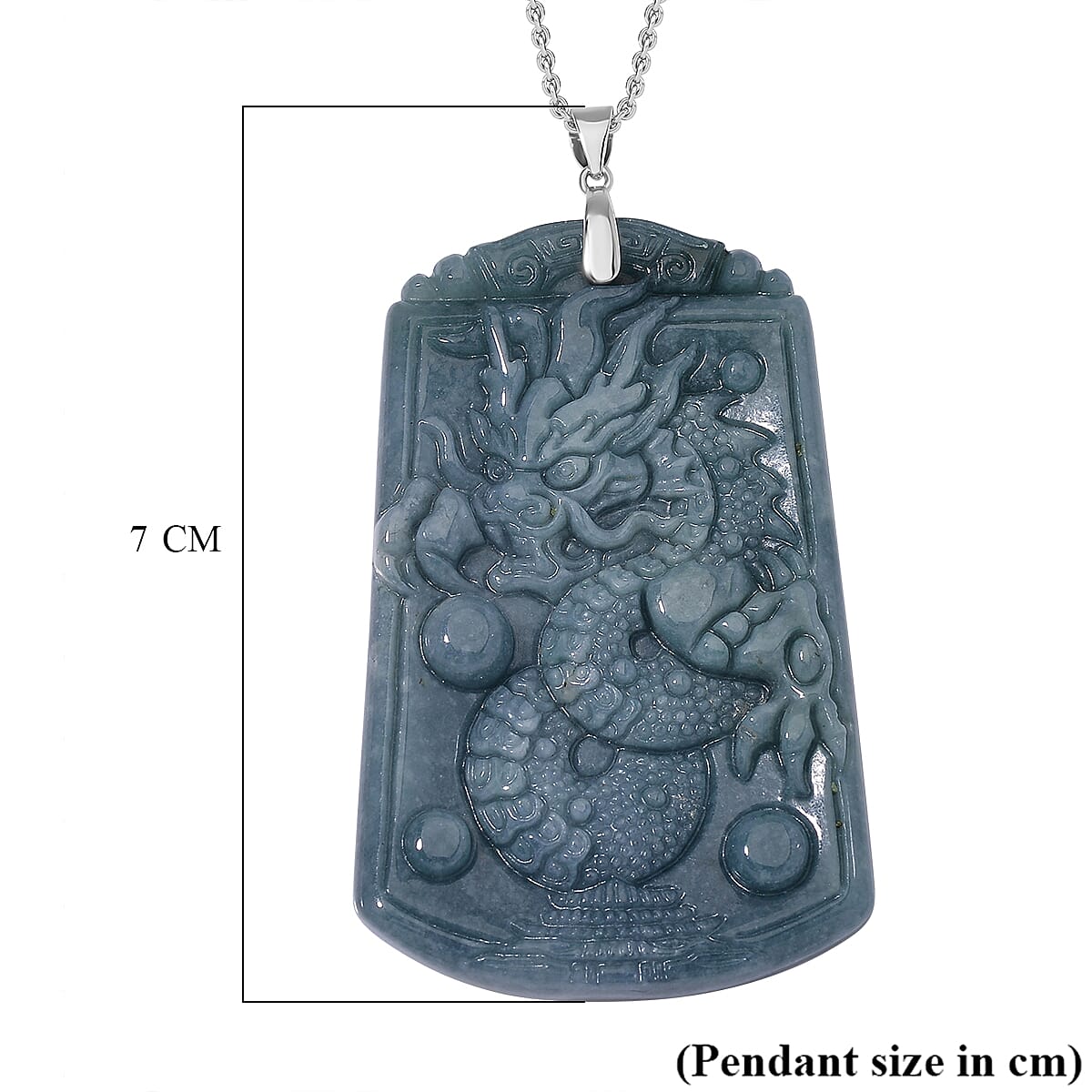 Limited Edition Natural Type A Olmec Jadeite Carved Dragon Pendant with Chain (Size 20) in Rhodium Overlay Sterling Silver 175.000  Ct.