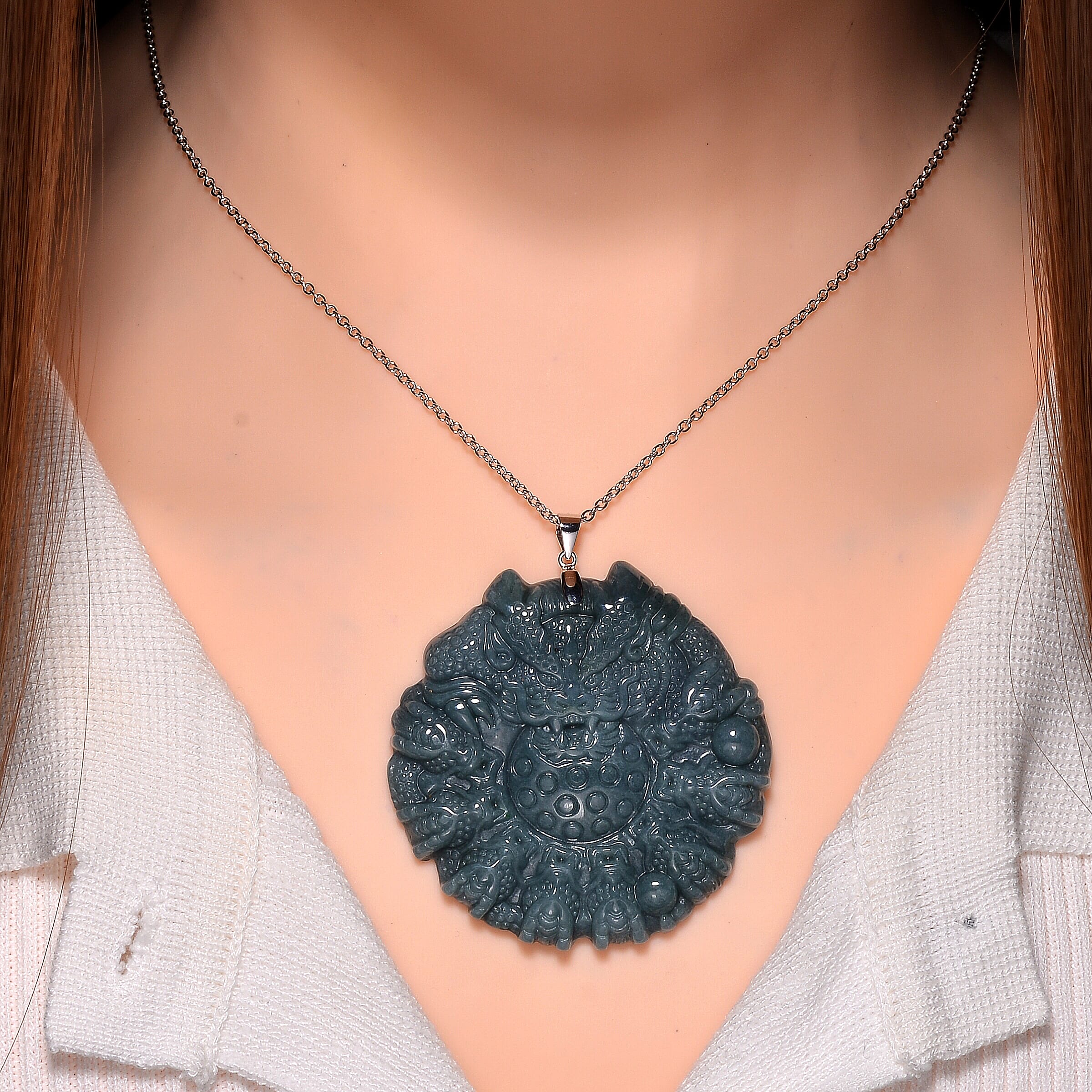 Limited Edition Natural Type A Olmec Jadeite Carved 9 Dragons Pendant with Chain (Size 20) in Rhodium Overlay Sterling Silver 175.000  Ct.