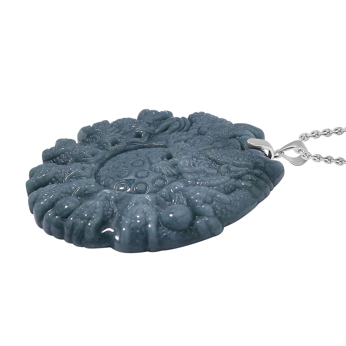 Limited Edition Natural Type A Olmec Jadeite Carved 9 Dragons Pendant with Chain (Size 20) in Rhodium Overlay Sterling Silver 175.000  Ct.
