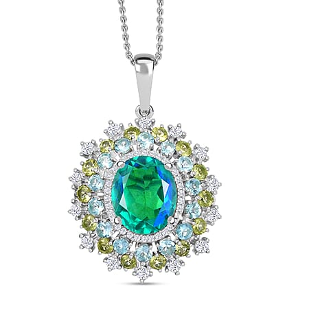 Peacock Triplet Quartz,  Peridot,  Apatite,  White Zircon Pendant with Chain (Size 20) in Rhodium Overlay Sterling Silver 7.260 Ct.