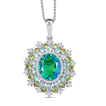 Peacock Triplet Quartz, Peridot, Apatite, White Zircon Pendant with Chain (Size 20) in Rhodium Overlay Sterling Silver 7.26 ct. Peacock Triplet Quartz, Peridot, Apatite, White Zircon Pendant with Chain (Size 20) in Rhodium Overlay Sterling Silver 7.26 ct.